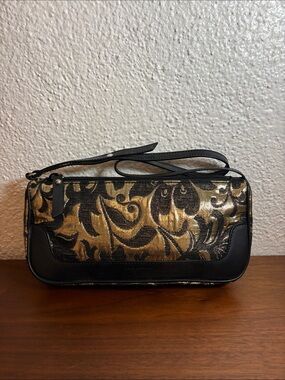 Vintage Dolce & Gabbana Black and Gold Tapestry, Leather Bag